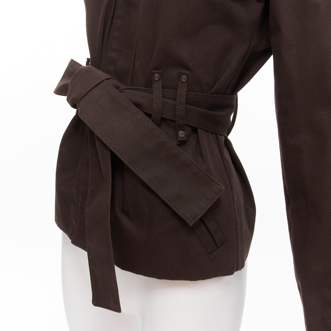 GUCCI Tom Ford Vintage brown cotton silk gathered pleat tie belt jacket IT36 XXS