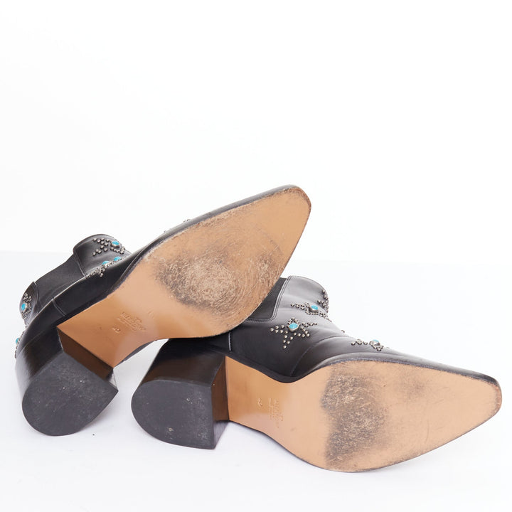VALENTINO black leather turquoise blue stone star studded ankle boots EU40