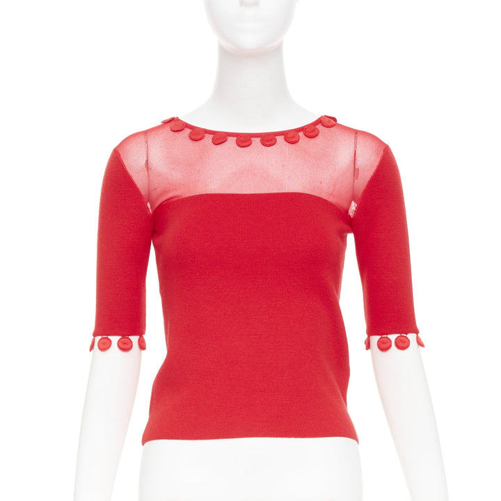 OSCAR DE LA RENTA 2019 red wool silk sheer tulle mesh yoke pom pom button top