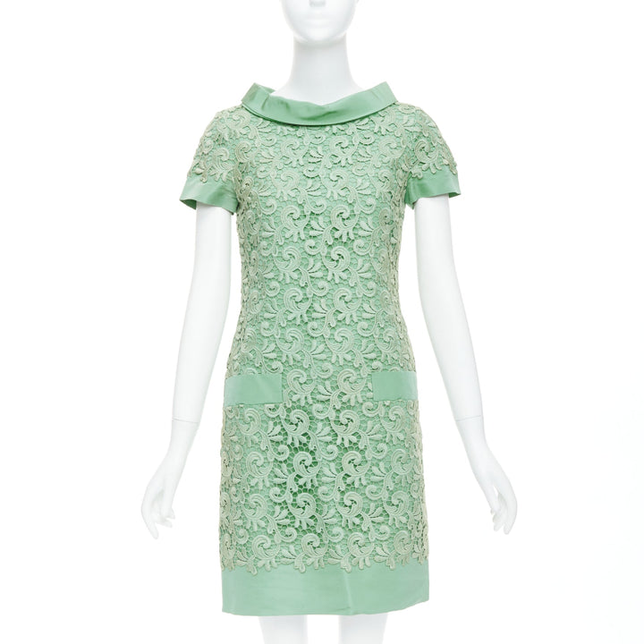 OSCAR DE LA RENTA S12 100%  green cotton lace silk stand collar dress US0 XS