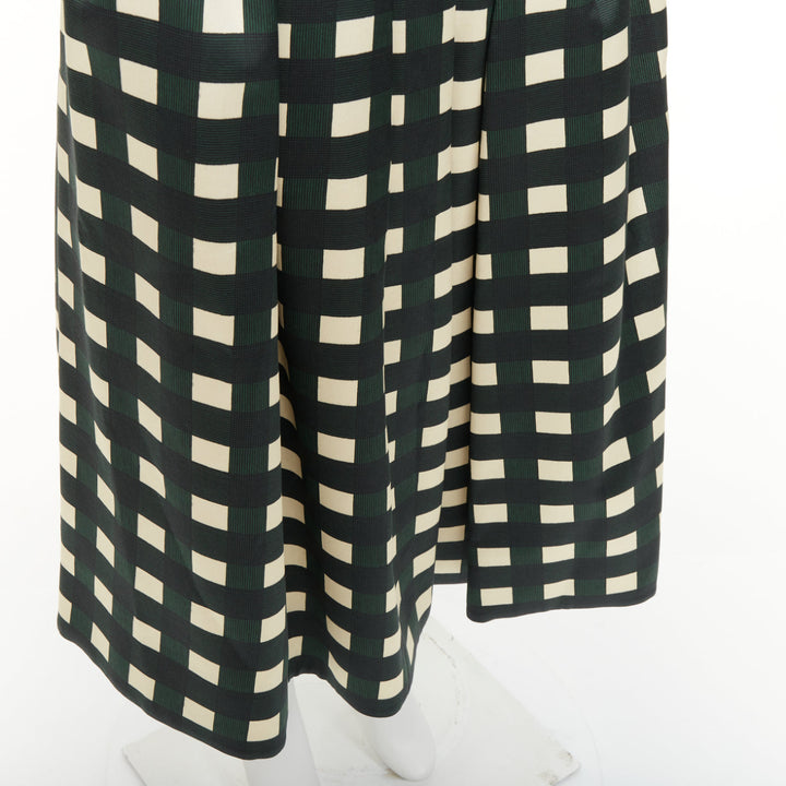 PRADA 2022 Runway green cream check print silk wool full midi skirt IT40 S