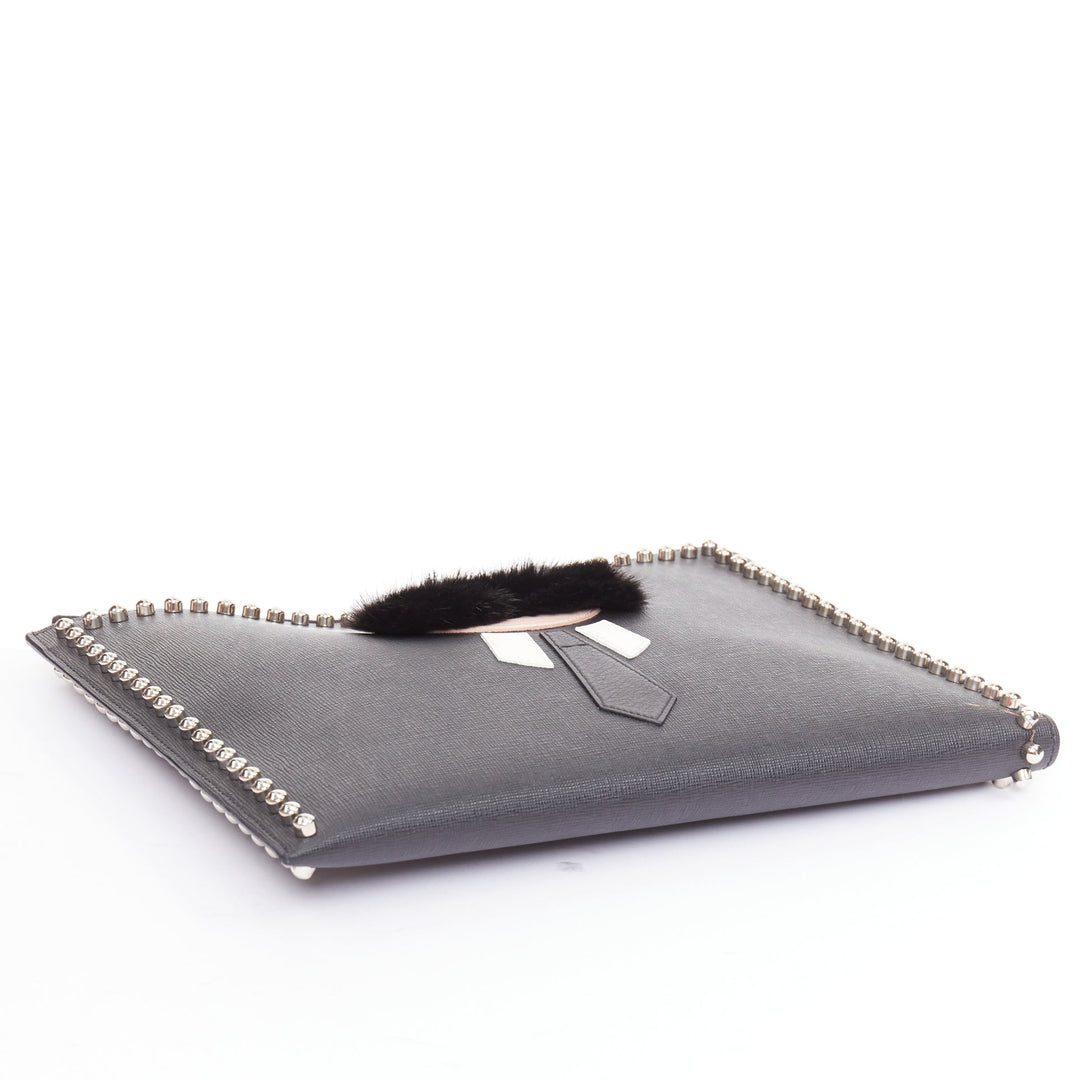 FENDI Karlito black mink fur white leather studded saffiano portfolio clutch bag