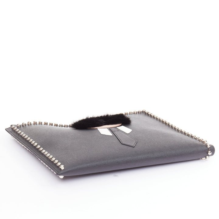 FENDI Karlito black mink fur white leather studded saffiano portfolio clutch bag