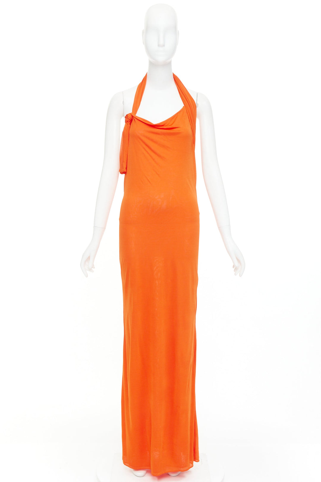 SAINT LAURENT 2023 orange asymmetric knot halter draped backless gown FR38 M