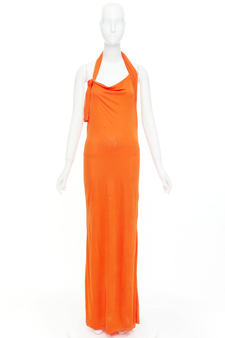 SAINT LAURENT 2023 orange asymmetric knot halter draped backless gown FR38 M