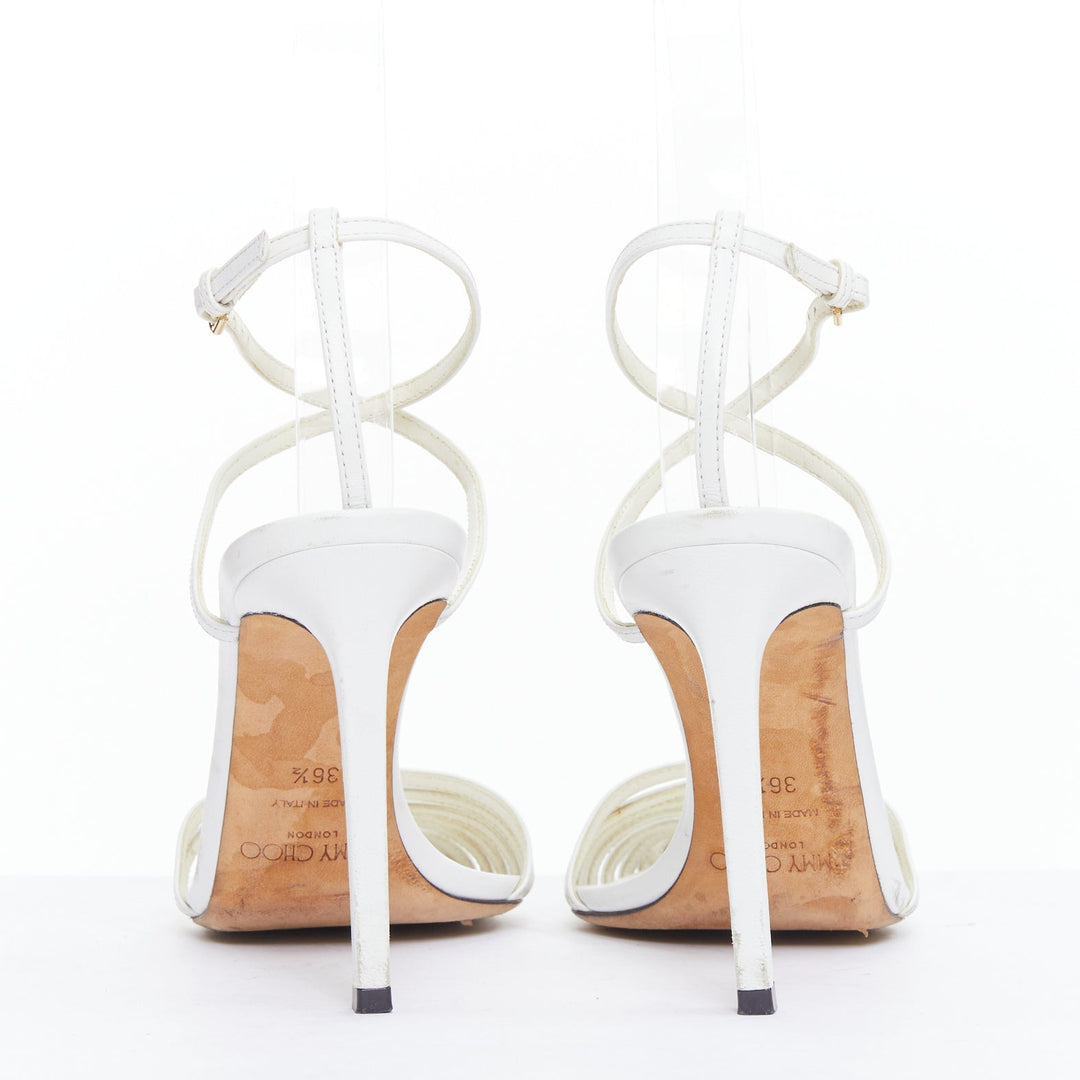 JIMMY CHOO Tamai 100 white leather caged toe criss cross sandals EU36.5