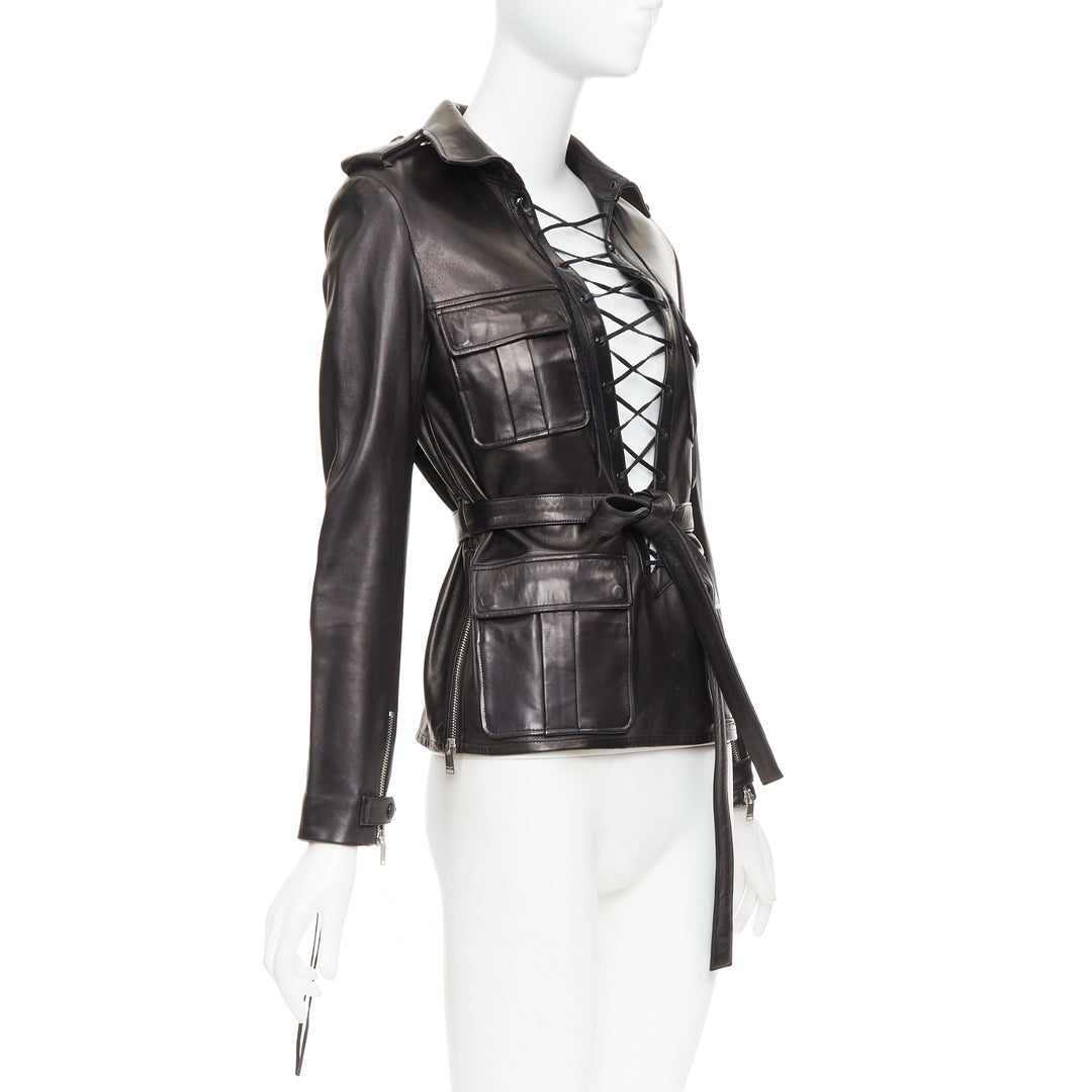 SAINT LAURENT 2013 Runway black leather lace safari pocket tunic top FR38 M