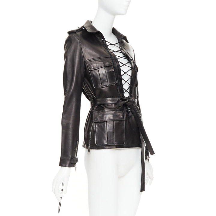 SAINT LAURENT 2013 Runway black leather lace safari pocket tunic top FR38 M