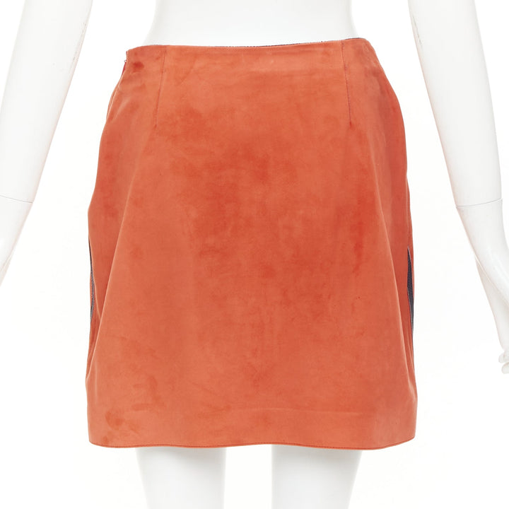 LOEWE 2016 Cyborg orange goat suede navy geometric inset applique skirt FR38 M
