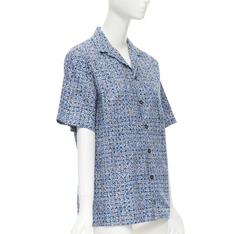 BOTTEGA VENETA blue speckle print camp collar short sleeve boxy cotton shirt S