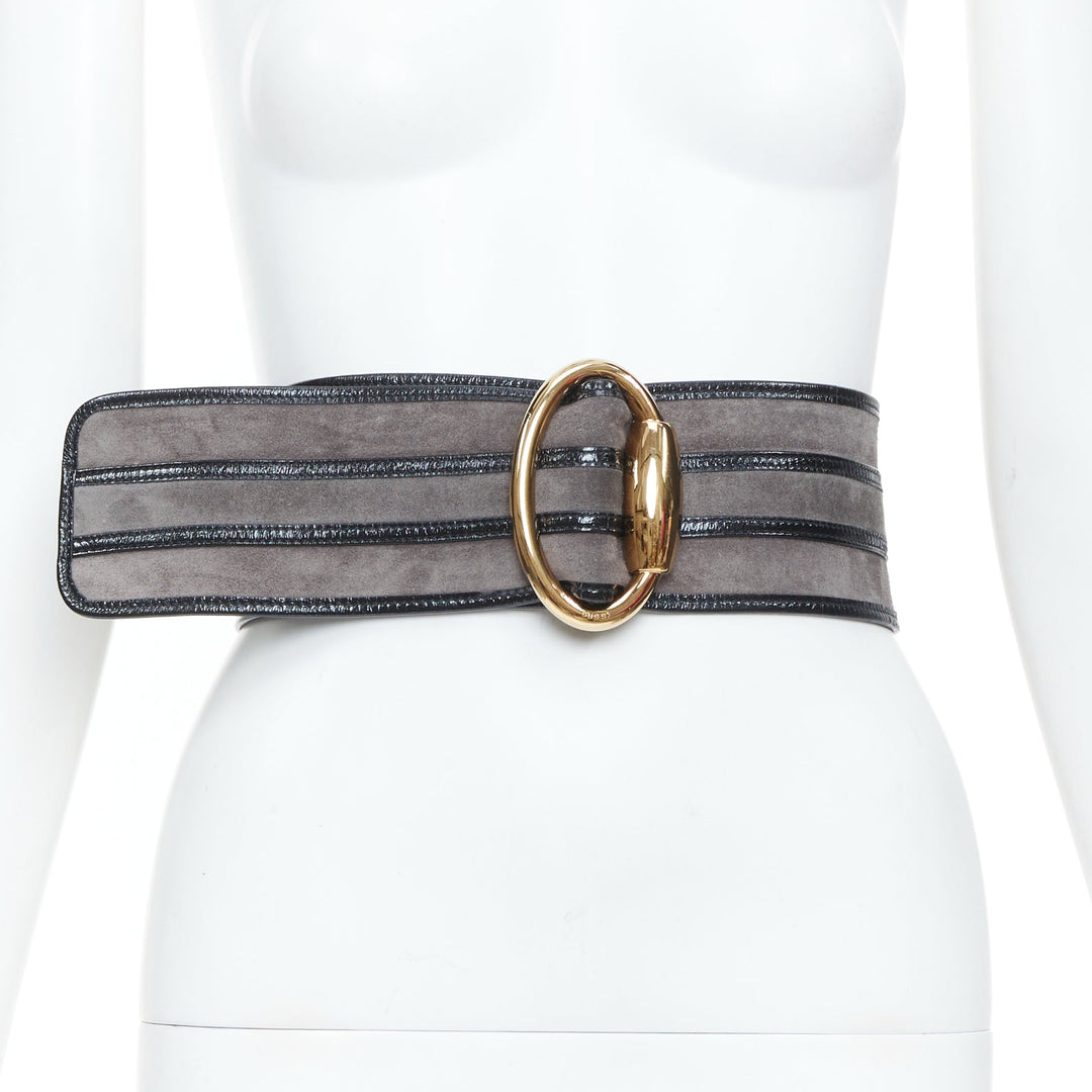 GUCCI Vintage grey suede black trim oval gold buckle wide waist belt 70cm