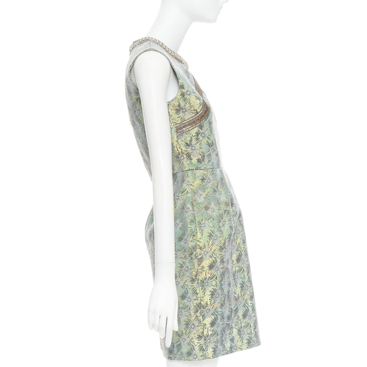 MATTHEW WILLIAMSON green iridescent gold bullet bead sheath dress UK8 S