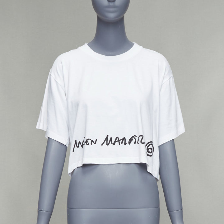 MAISON MARGIELA MM6 white cotton blend black logo cropped tshirt XS