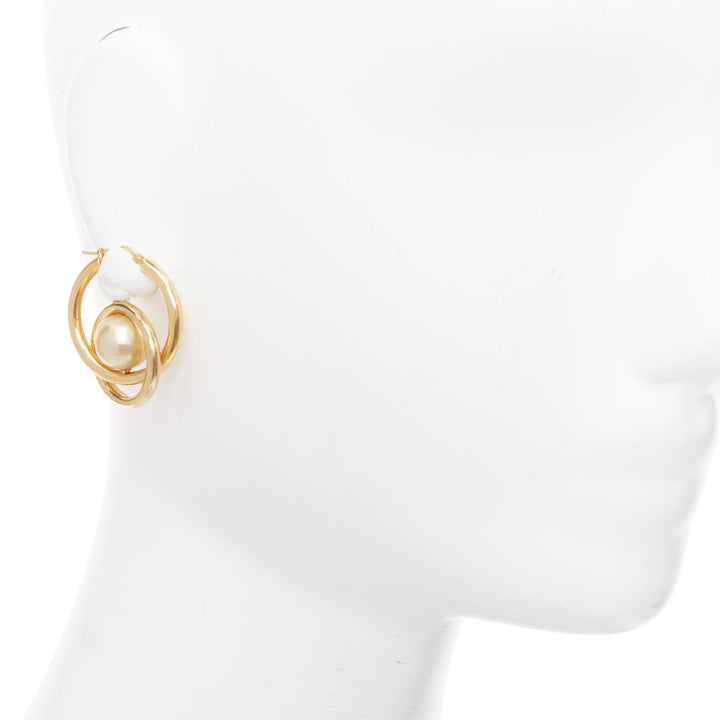 rare OLD CELINE Phoebe Philo 2018 Spiral Double faux pearl hoop pin earring Pair