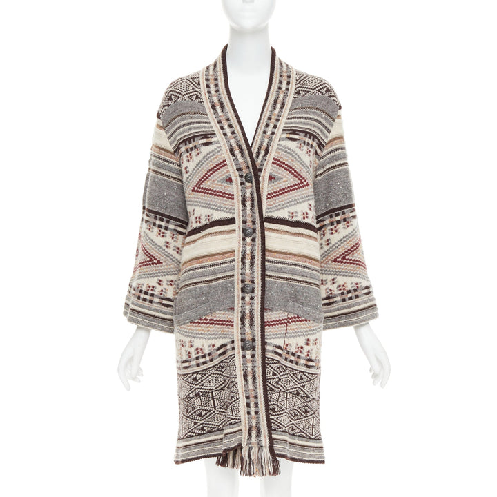 ETRO brown burgundy nude wool silk ethnic knit cardigan coat IT40 S