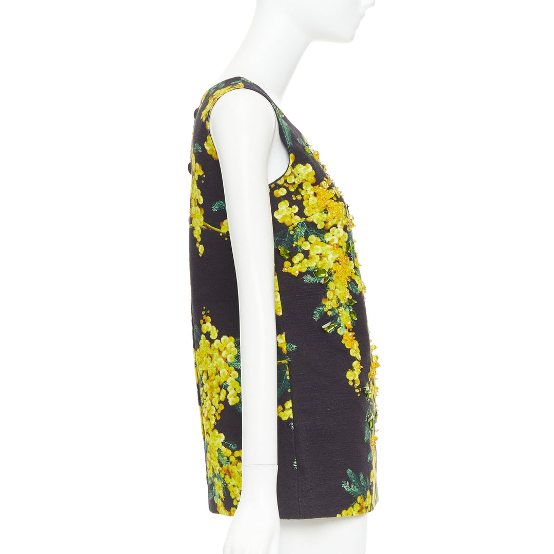 DOLCE GABBANA yellow black beaded mimosa acacia print floral tunic IT38 XS