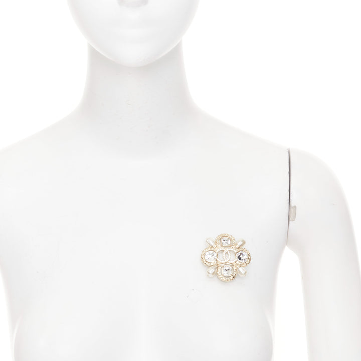 CHANEL F22C champagne gold tone CC logo crystal pearl quadrant cluster brooch