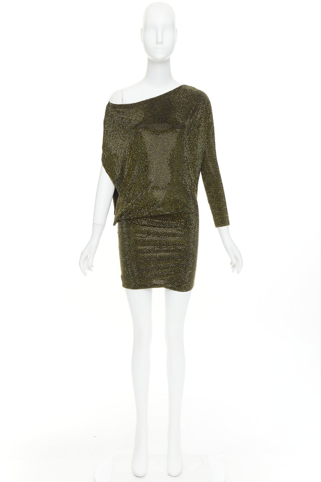 ALEXANDRE VAUTHIER black gold strass crystal asymmetric one shoulder mini dress