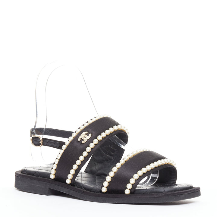 CHANEL 2022 black pearl embellished satin CC flat dad sandals EU36.5