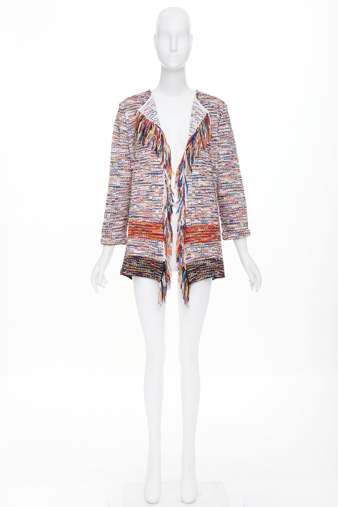 ST JOHN COUTURE multicolor rainbow ribbon trim tweed fringe knit cardigan M