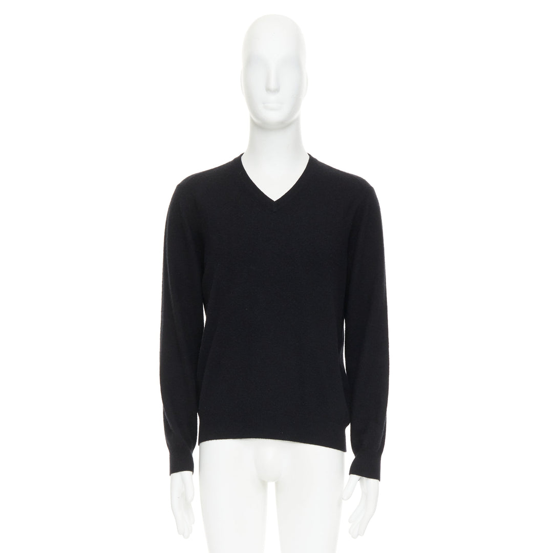 HERMES 100% cashmere black V-neck minimal classic sweater XL