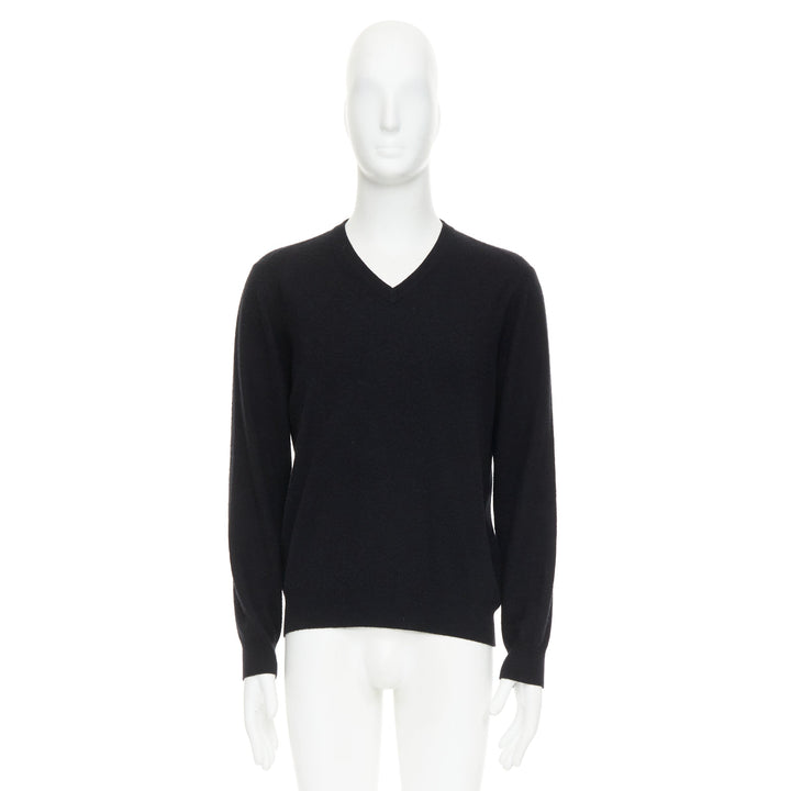 HERMES 100% cashmere black V-neck minimal classic sweater XL