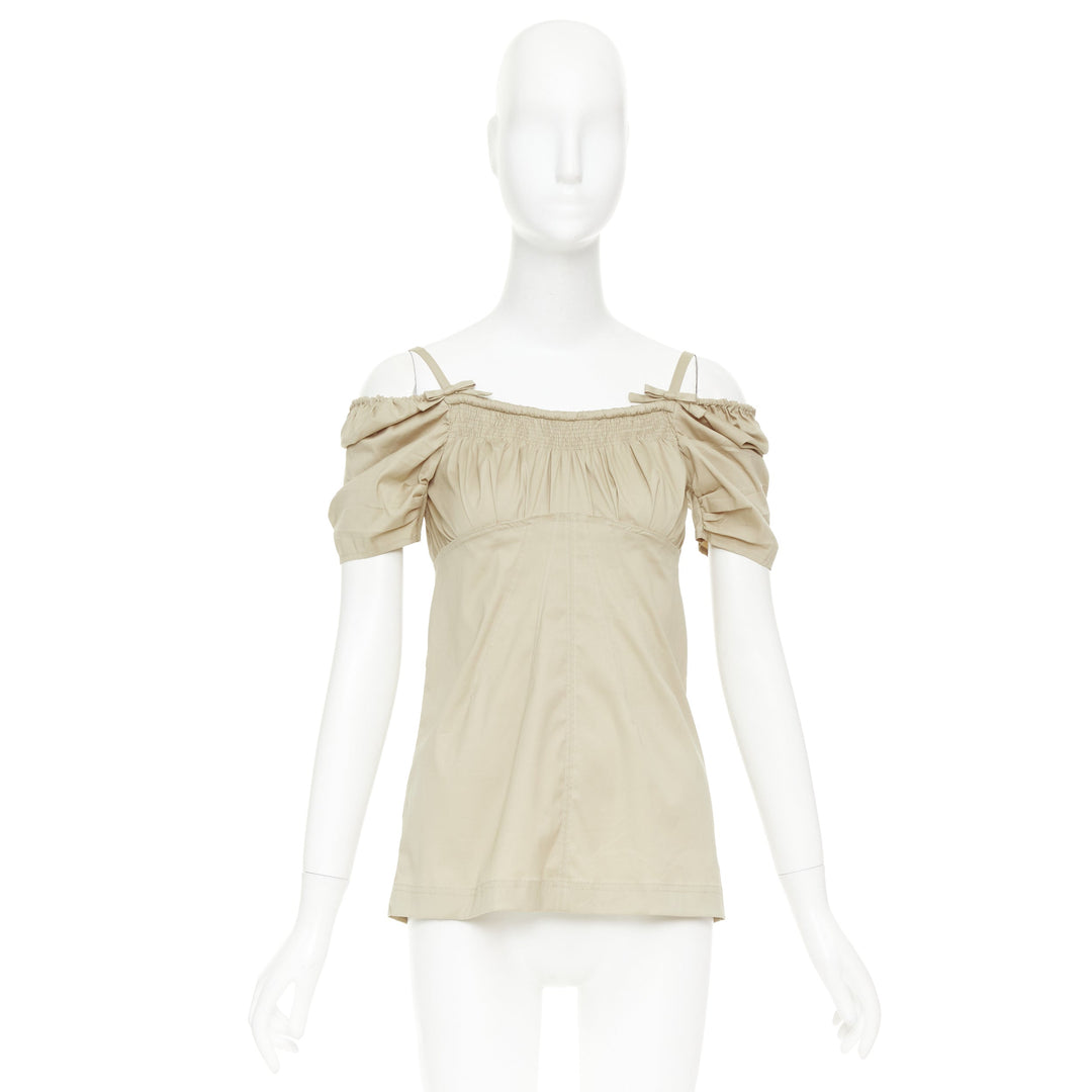PRADA Vintage khaki cotton ruched bust empire waist bow off shoulder top IT38