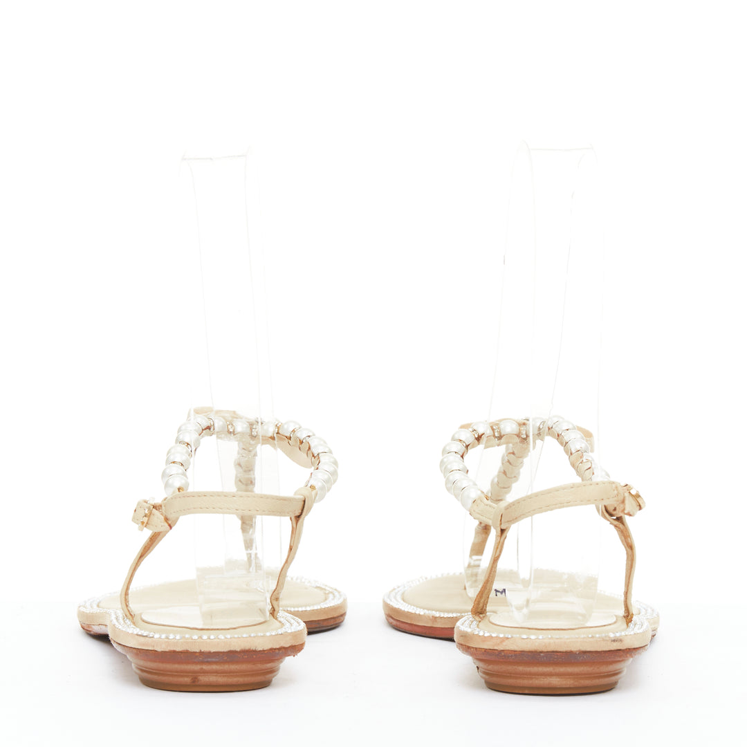 RENE CAOVILLA cream bow faux pearl tstrap strass trim flat sandals EU36