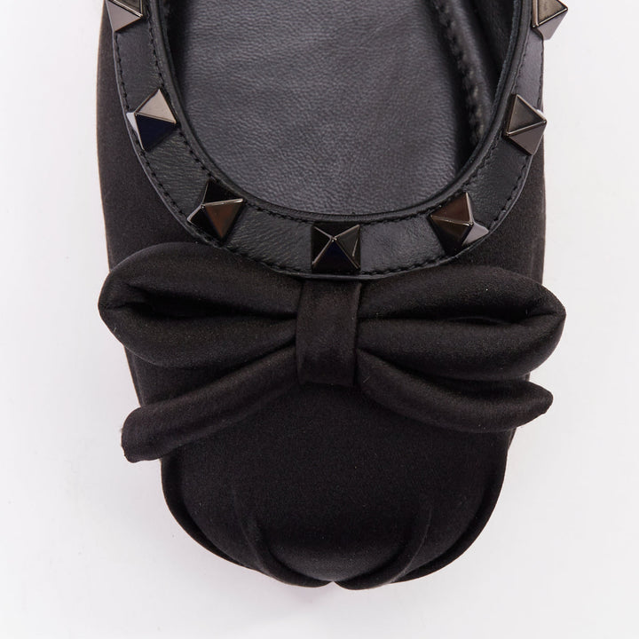 VALENTINO Rockstud nero black satin leather studded cross ballet flats EU37.5