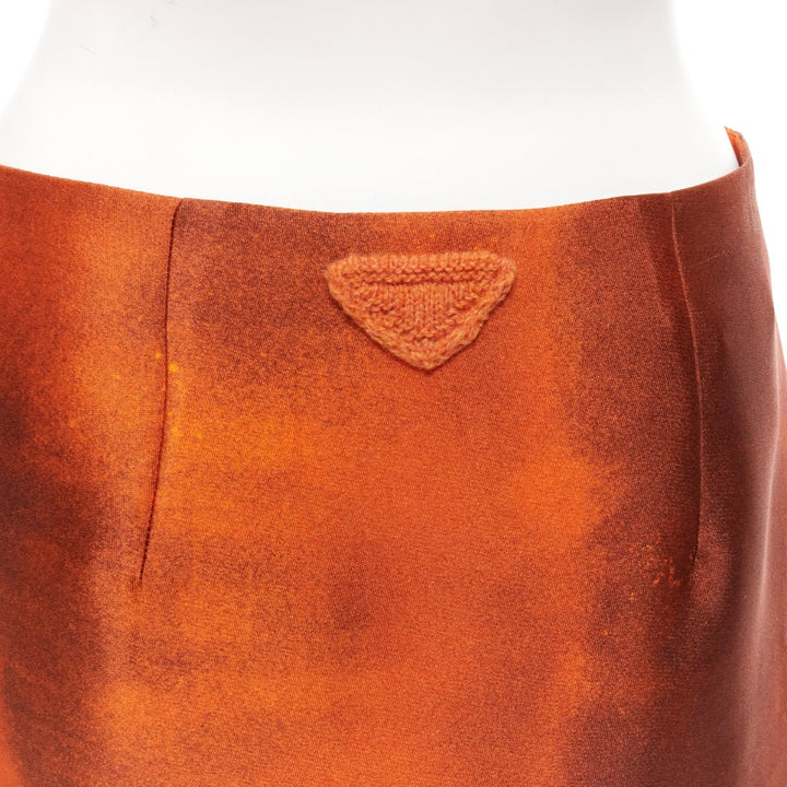 PRADA 2023 Runway orange water dyed side slit crinkled silk skirt IT38 XS