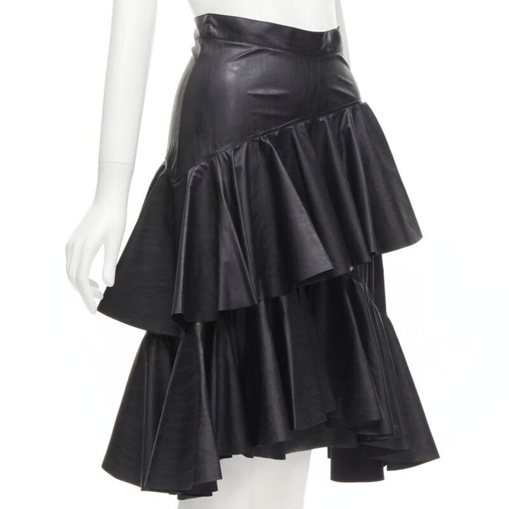 PHILOSOPHY DI LORENZO SERAFINI black faux leather asymmetric tier skirt IT38 XS