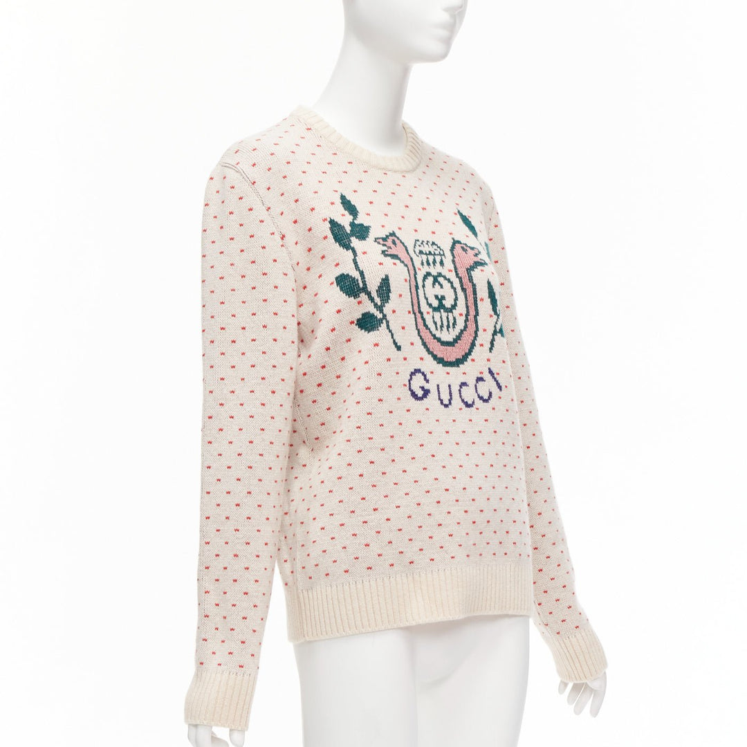 GUCCI 100% wool cream red fairisle vintage Crest logo intarsia sweater top XS