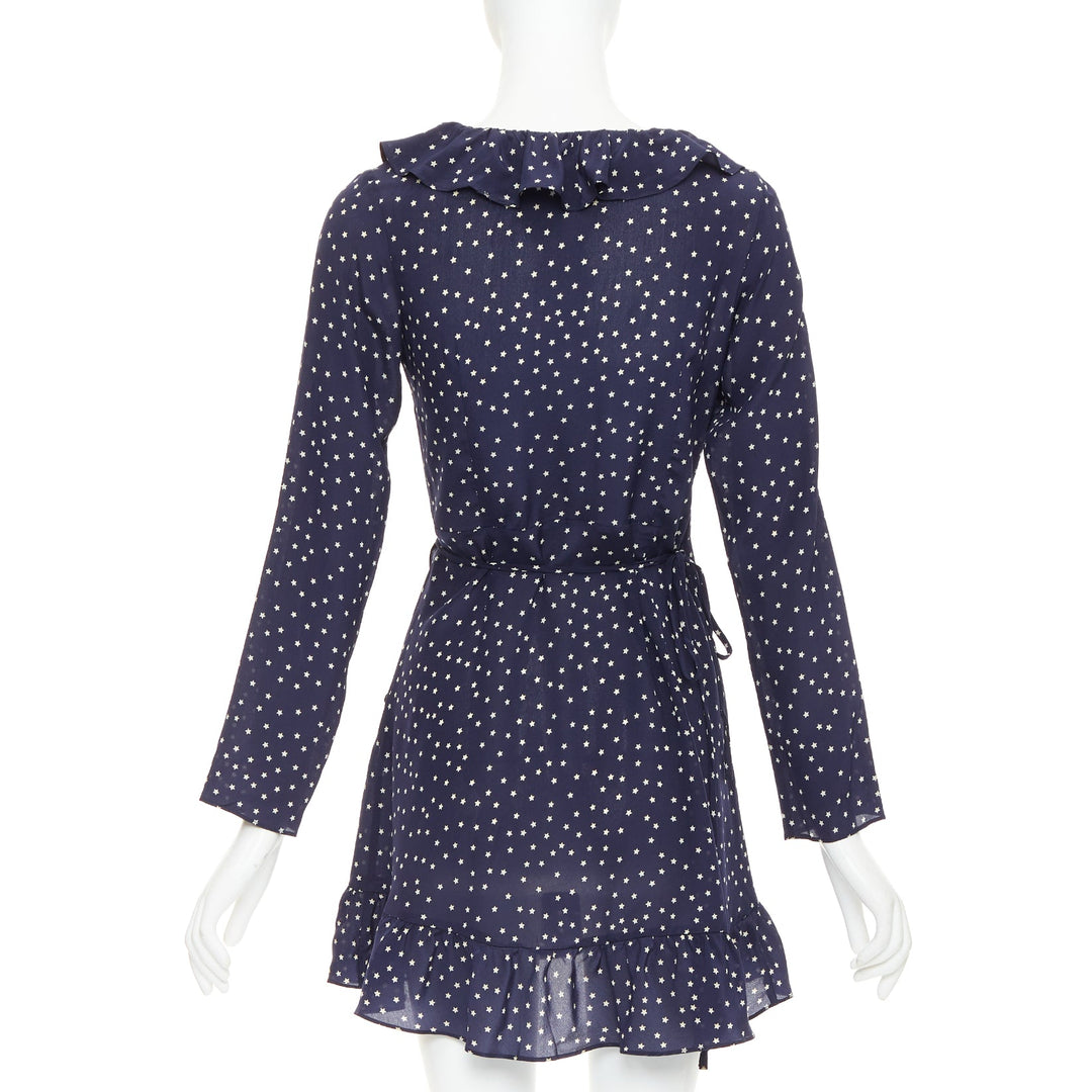 REALISATION Alexandra 100% silk navy white star print wrap tie mini dress S