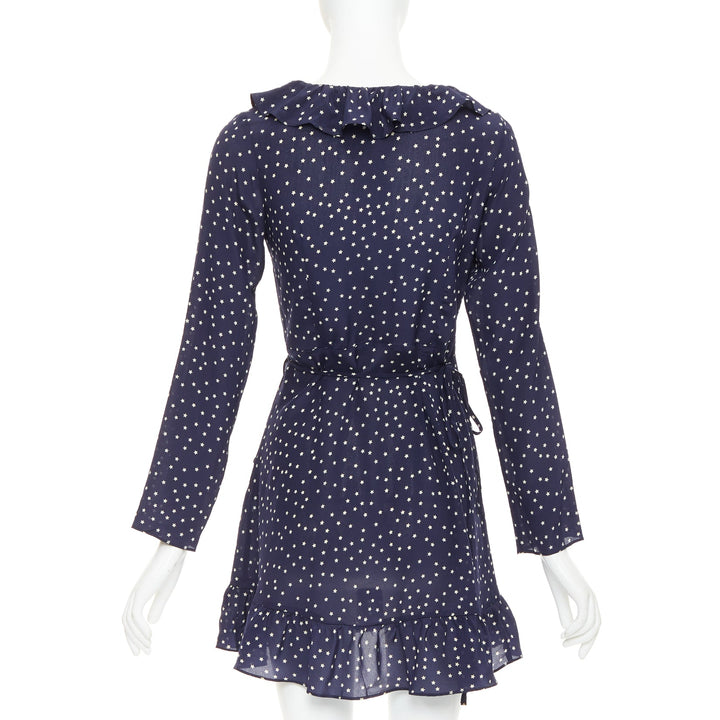 REALISATION Alexandra 100% silk navy white star print wrap tie mini dress S