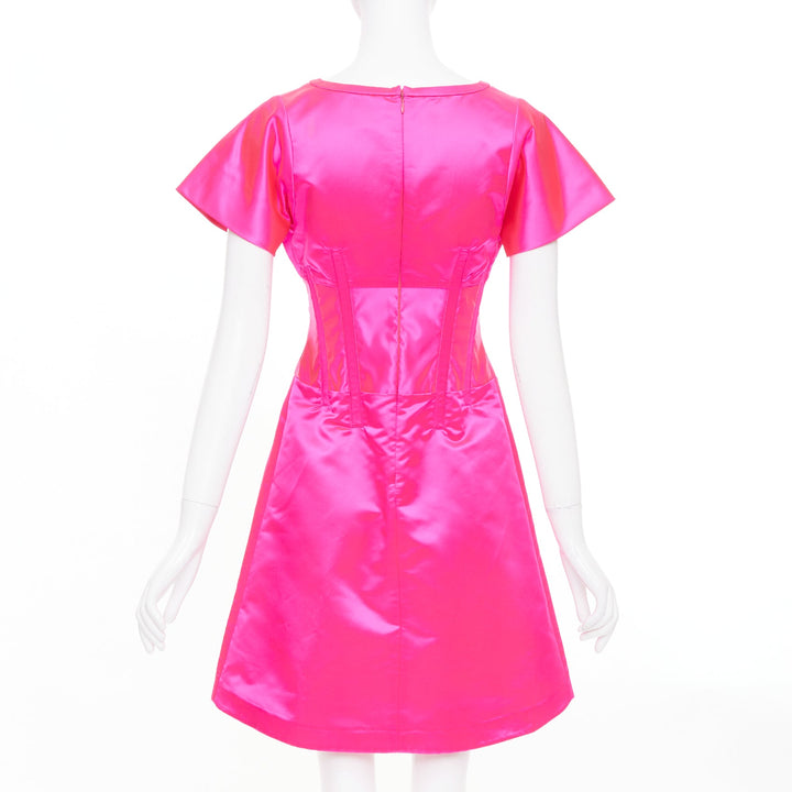 CELINE Vintage hot pink exposed boning satin flared cocktail mini dress FR38 M