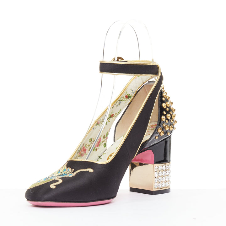 GUCCI 2017 Runway Caspar dragon embroidered spike ankle strap pump heels EU36