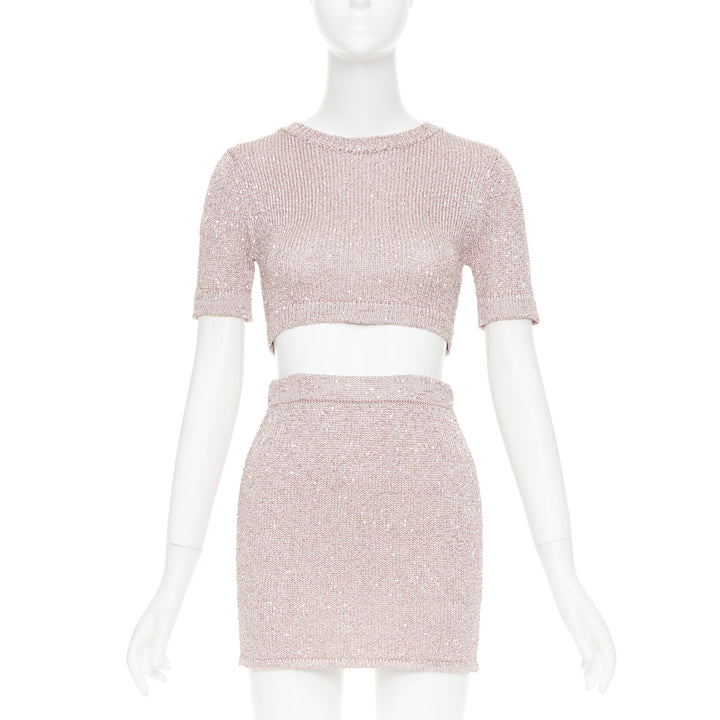 ALEXANDRE VAUTHIER Rose light pink sequin metallic lurex crop sweater mini skirt
