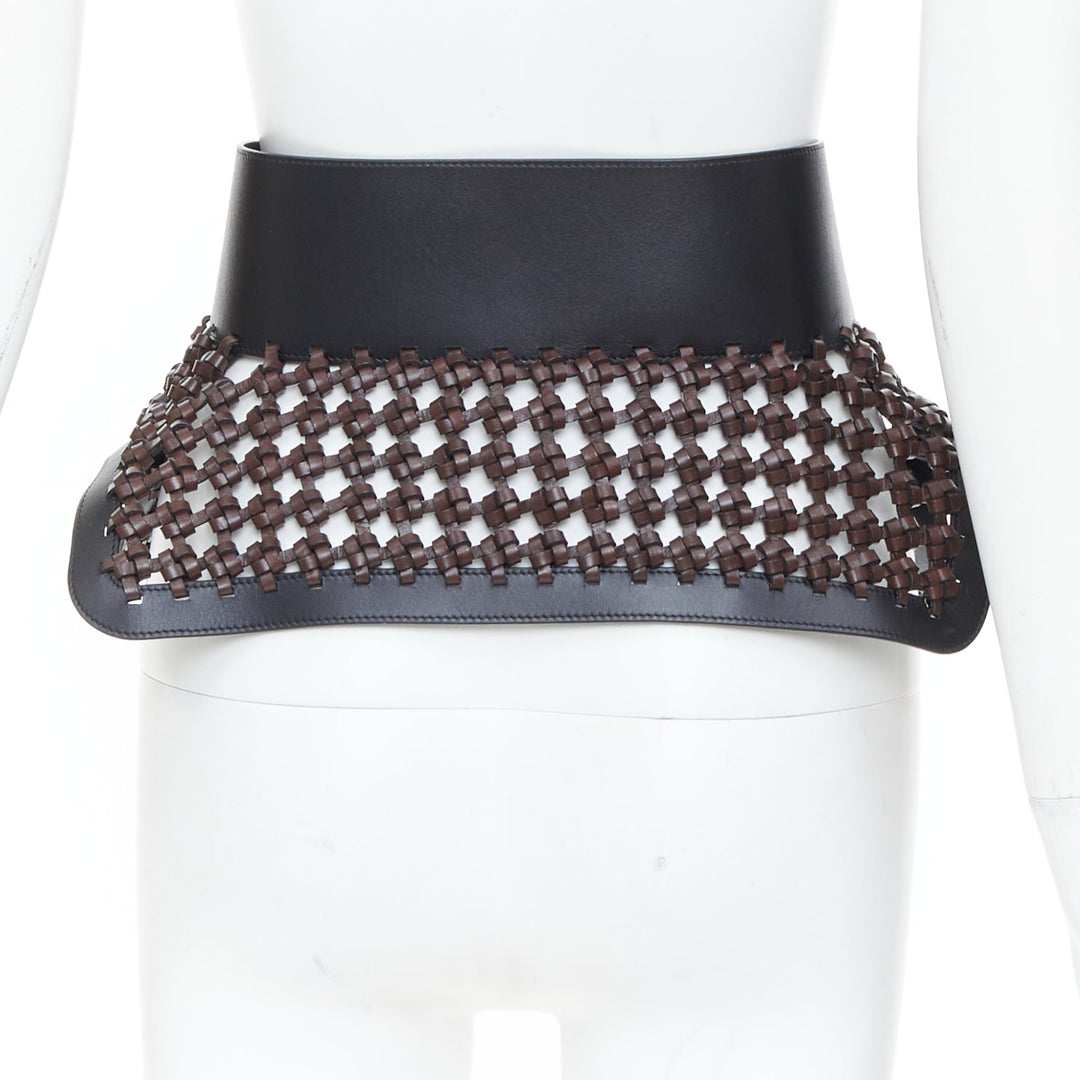 LOEWE JW Anderson black brown woven leather wide peplum Obi corset waist belt