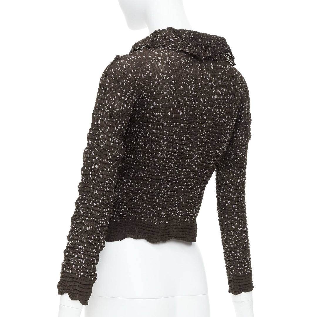 ISSEY MIYAKE brown speckle crinkled collared cropped shirt top M