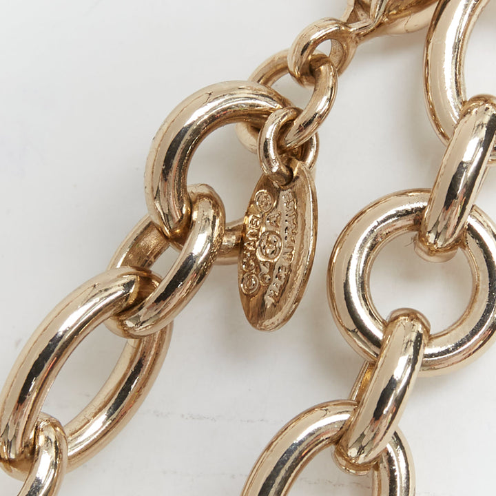 CHANEL 04A gold tone CC logo pearl globe charm chain belt necklace