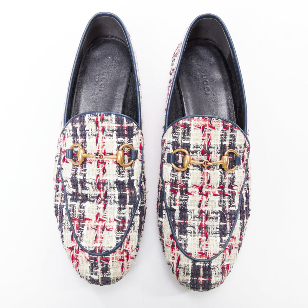 GUCCI Jordaan red blue cream tweed gold horsebit checked flat loafers EU37.5