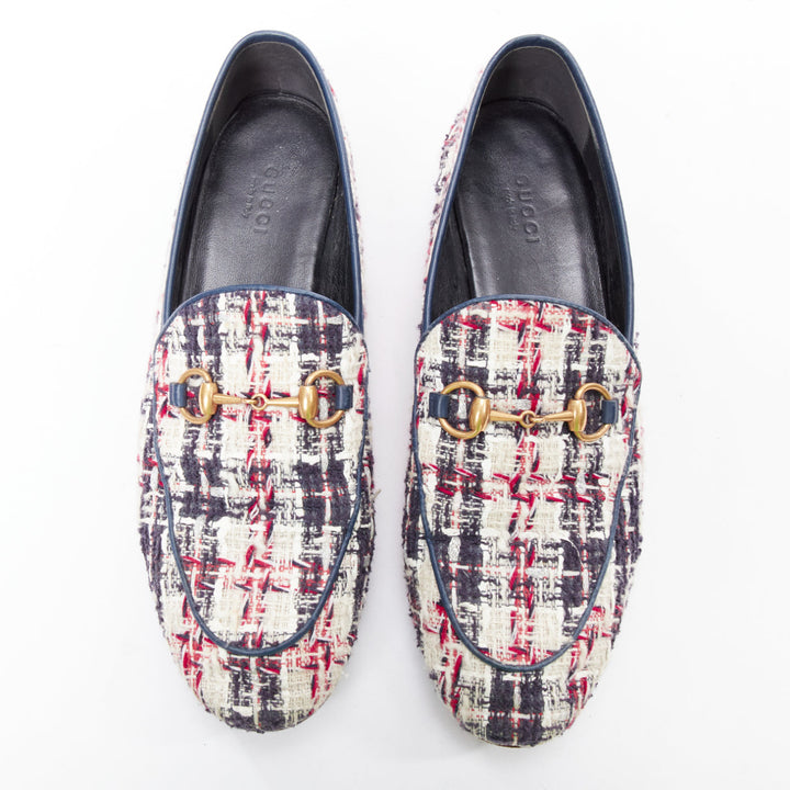 GUCCI Jordaan red blue cream tweed gold horsebit checked flat loafers EU37.5