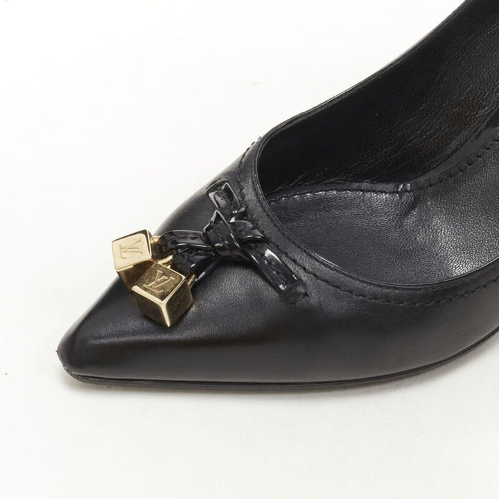 LOUIS VUITTON gold LV dice charm black leather mid heel pump EU36.5