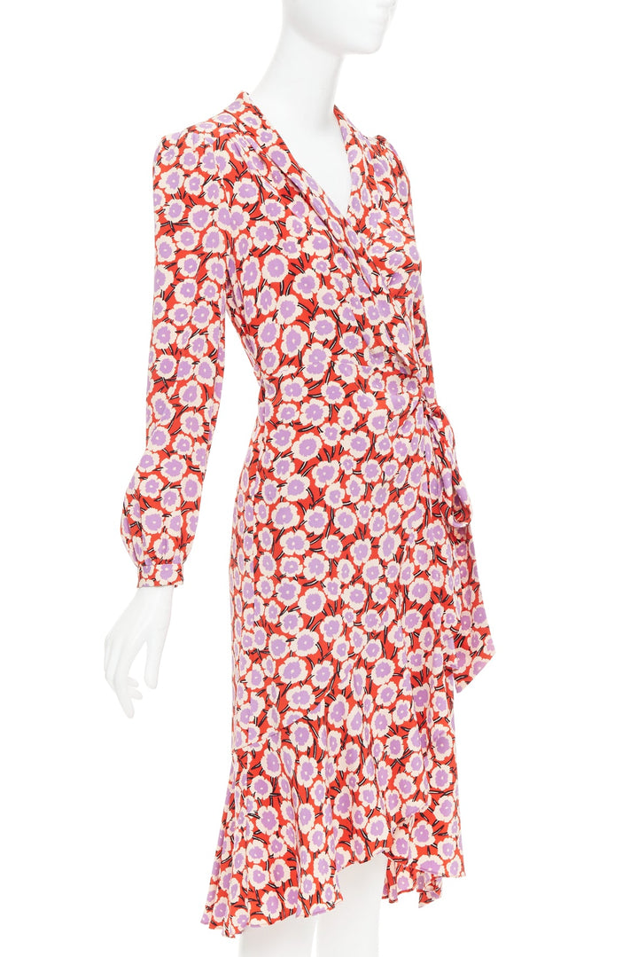 DIANE VON FURSTENBERG Carla  100% silk  red purple floral wrap dress US2 S