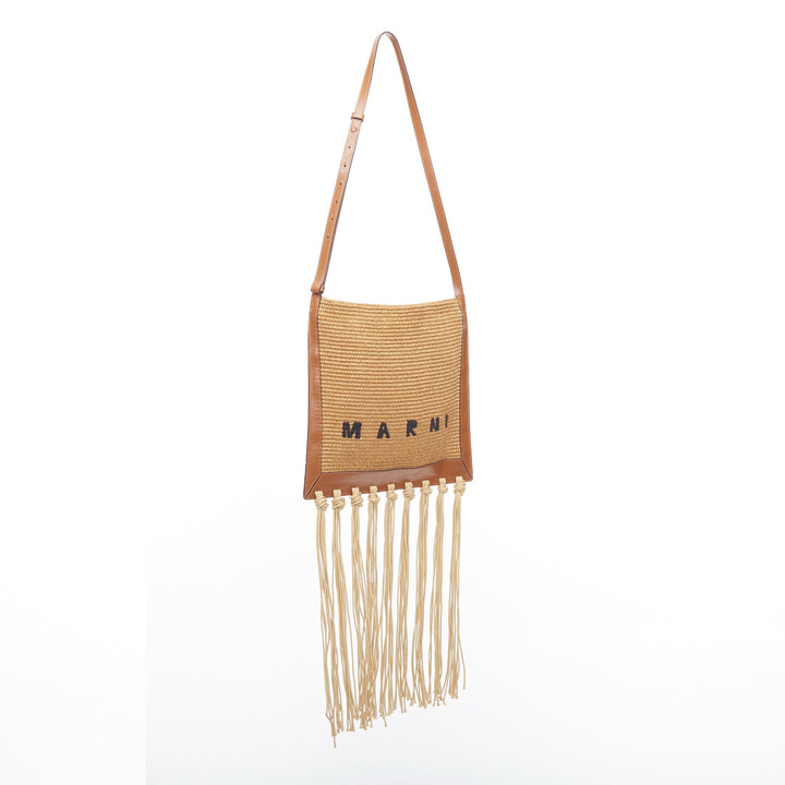 MARNI brown raffia fringe leather trim black logo crossbody bag