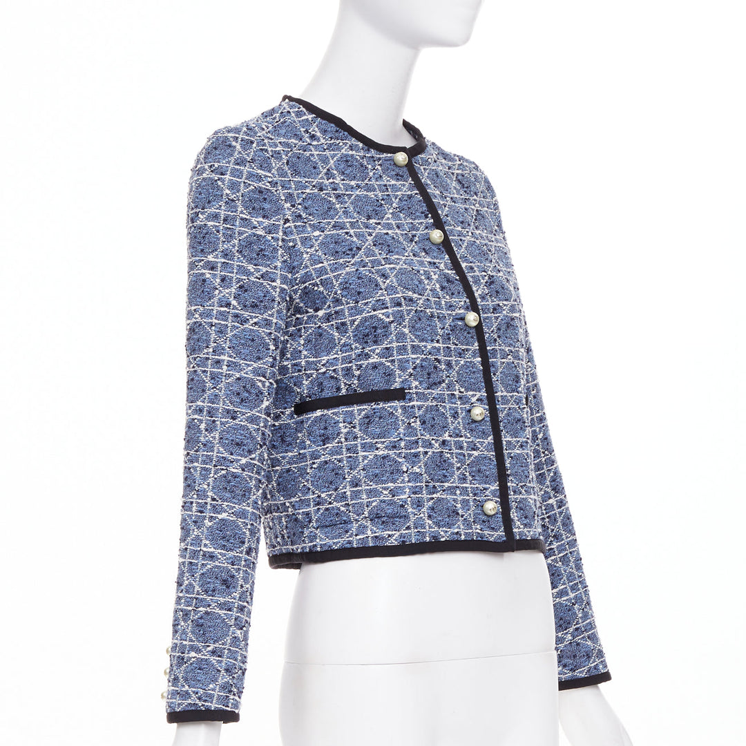 DIOR Macrocannage Technical Cotton Tweed blue white pearl button jacket FR34 XS