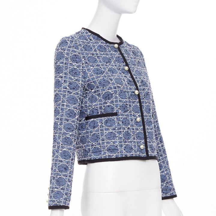 DIOR Macrocannage Technical Cotton Tweed blue white pearl button jacket FR34 XS