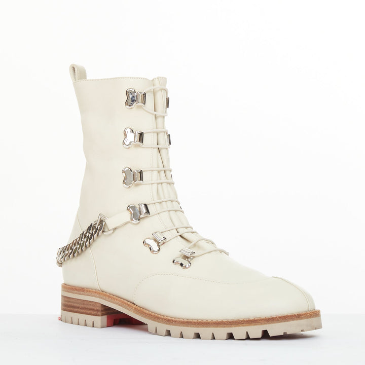 CHRISTIAN LOUBOUTIN Horse Guarda beige calf leather chain combat boots EU38