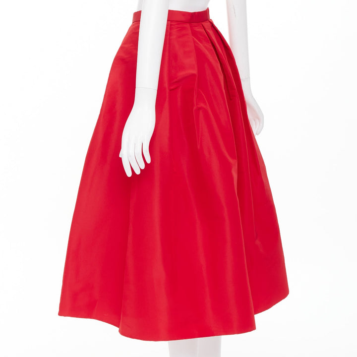 TIBI red 100% silk taffeta pleated high waist A-line flared midi skirt US 2 S