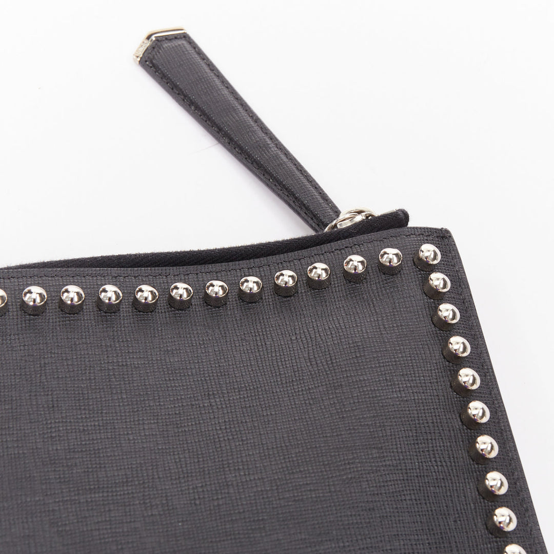 FENDI Karlito black mink fur white leather studded saffiano portfolio clutch bag